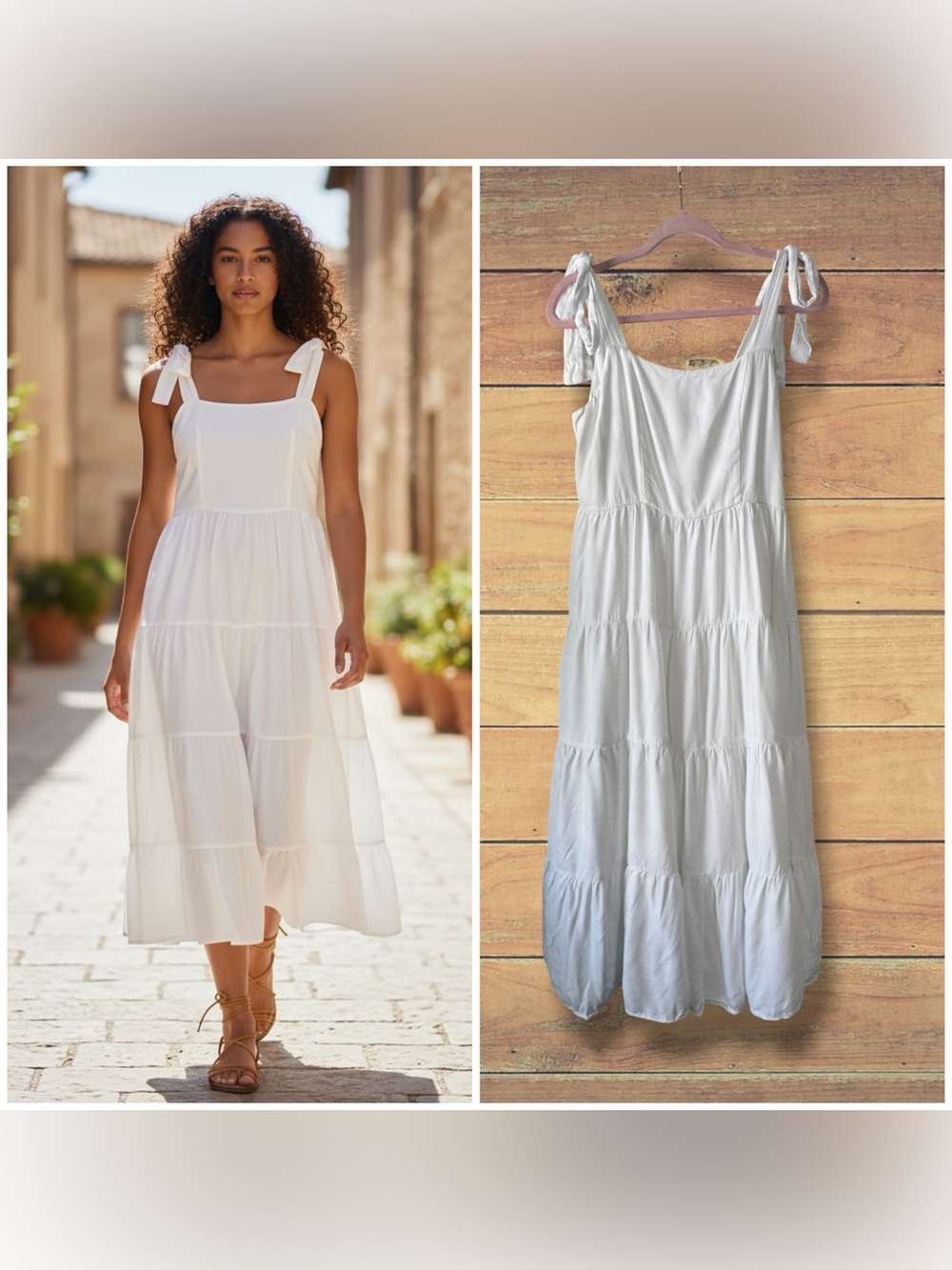 Anrabess White Tie-Shoulder Tiered Maxi Dress, Large